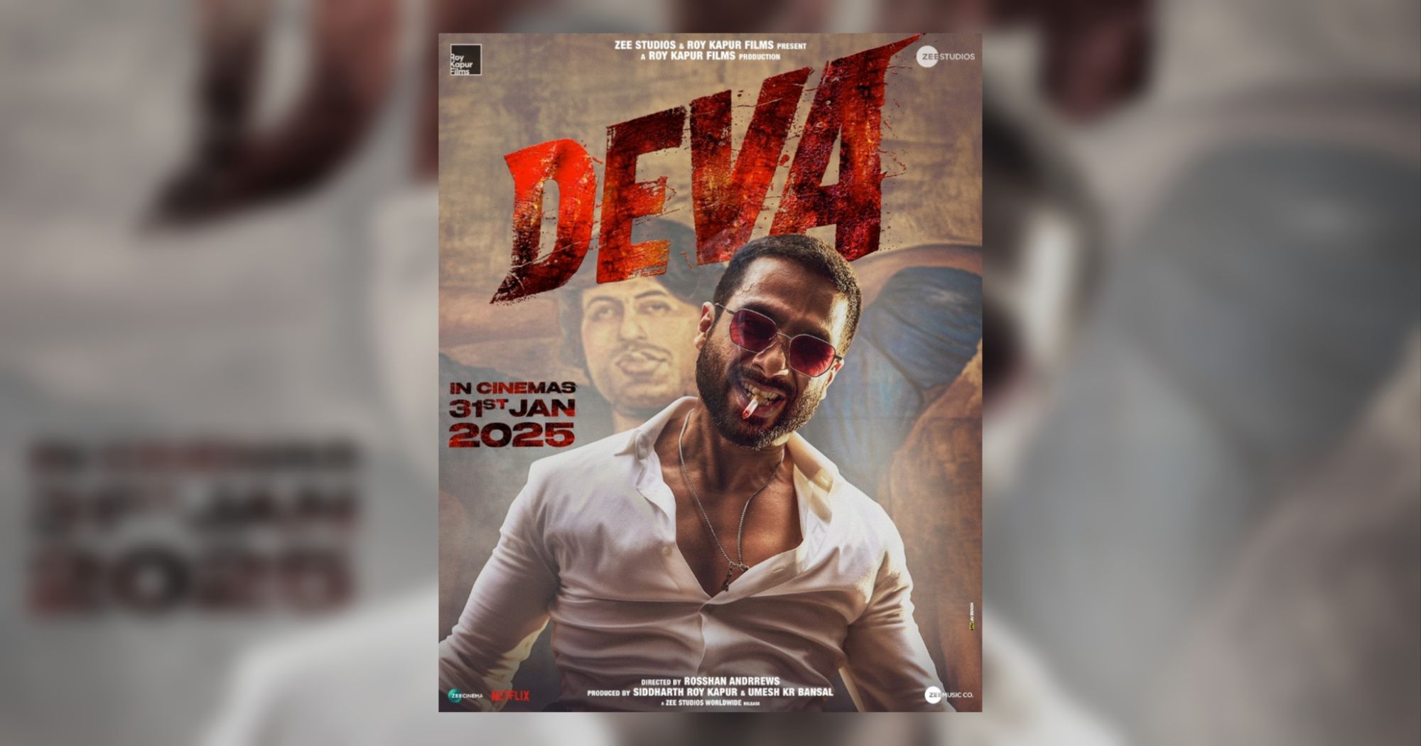 Shahid Kapoor as a rugged cop smoking a cigarette, exuding charisma and intensity in the motion poster of Deva. The background features a nostalgic homage to Amitabh Bachchan’s 70s era, adding depth and power to the visuals. Release date: January 31, 2025.